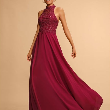 Trapèze licou longueur ras du sol dentelle mousseline robe de bal avec paillettes