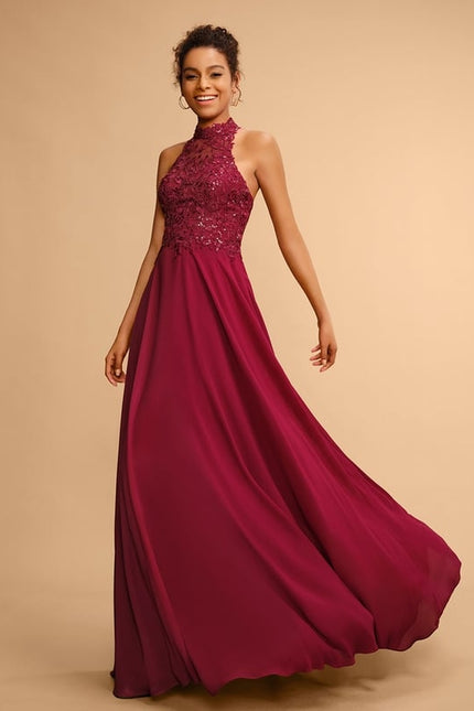 Trapèze licou longueur ras du sol dentelle mousseline robe de bal avec paillettes