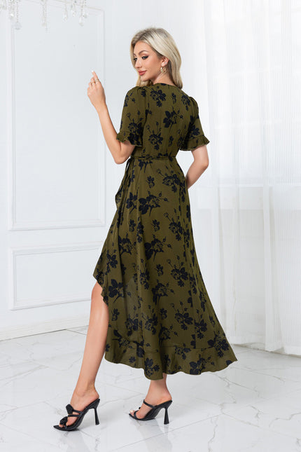 Robe jacquard col v trapèze polyester asymétrique midi - gallery 1