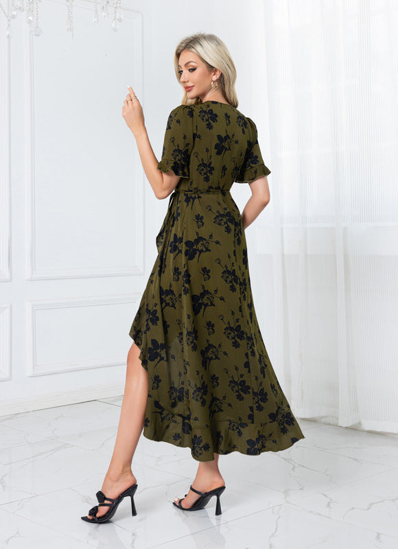 Robe jacquard col v trapèze polyester asymétrique midi - gallery 1