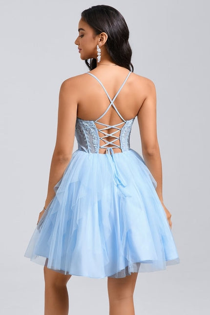 Princesse col cœur court tulle dentelle robe de bal de promo avec à volants - gallery 2