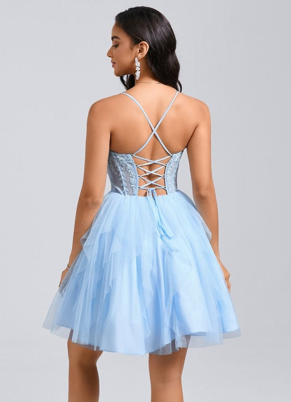 Princesse col cœur court tulle dentelle robe de bal de promo avec à volants - gallery 2