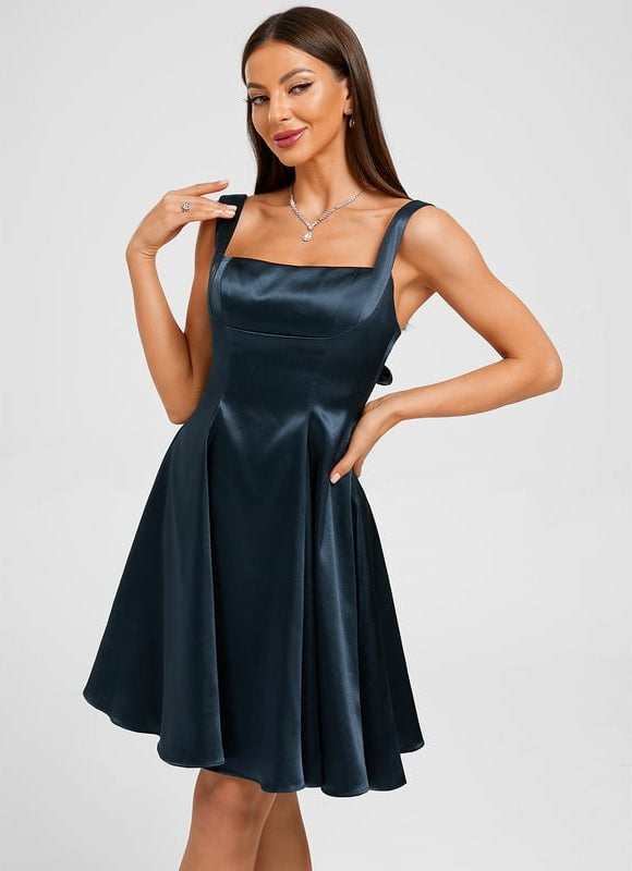 Trapèze col droit court satin extensible robe de bal de promo avec nœud - gallery 5