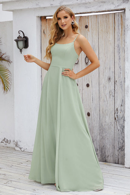 Trapèze col carré longueur ras du sol mousseline robe de demoiselle d'honneur - gallery 7