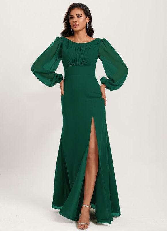 Sirène col rond longueur ras du sol mousseline robe de demoiselle d'honneur - gallery 1