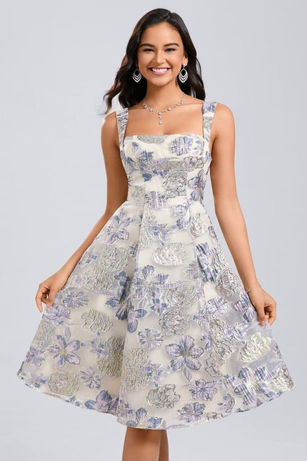 Trapèze col carré longueur genou jacquard robe de bal de promo avec nœud