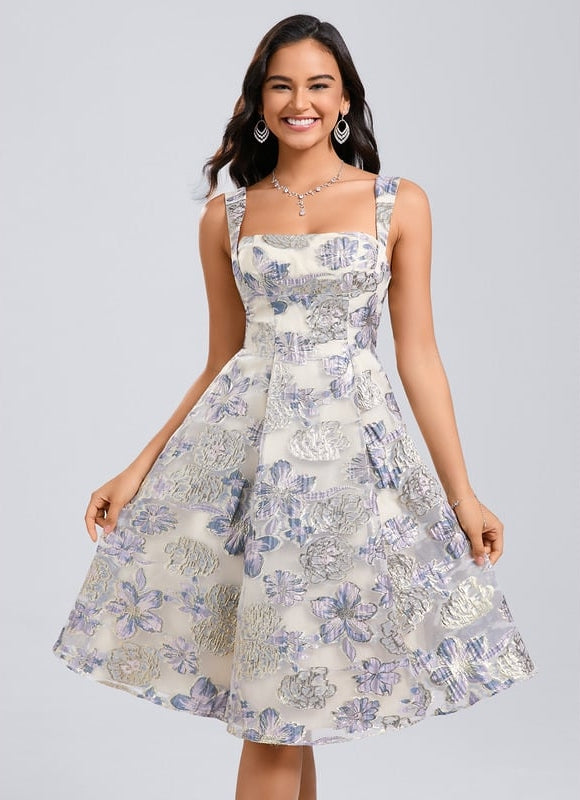 Trapèze col carré longueur genou jacquard robe de bal de promo avec nœud