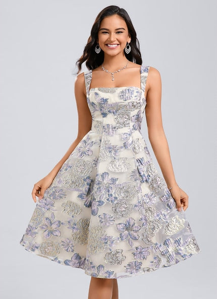 Trapèze col carré longueur genou jacquard robe de bal de promo avec nœud