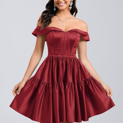 Princesse épaule dénudée court satin robe de bal de promo
