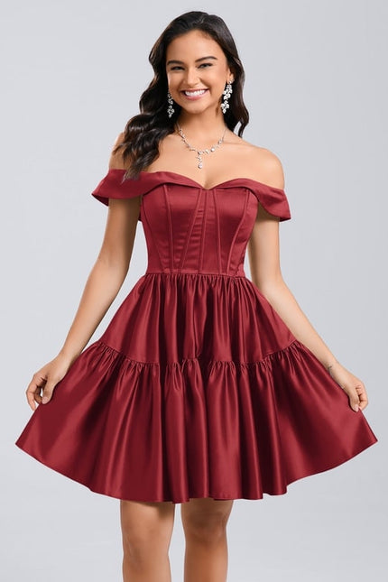 Princesse épaule dénudée court satin robe de bal de promo