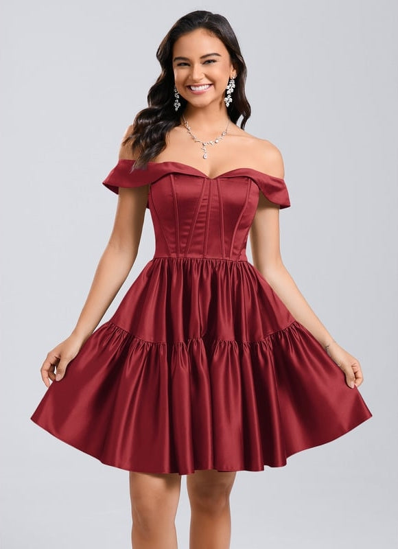 Princesse épaule dénudée court satin robe de bal de promo