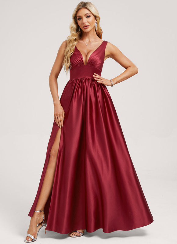 Trapèze col v longueur ras du sol satin robe de demoiselle d'honneur - gallery 2