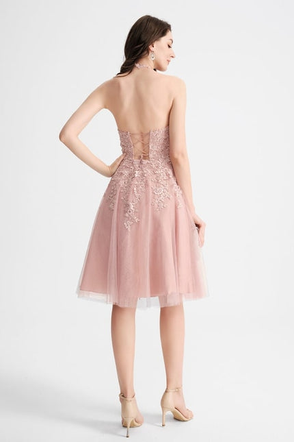 Trapèze col rond longueur genou tulle dentelle robe de bal de promo - gallery 2