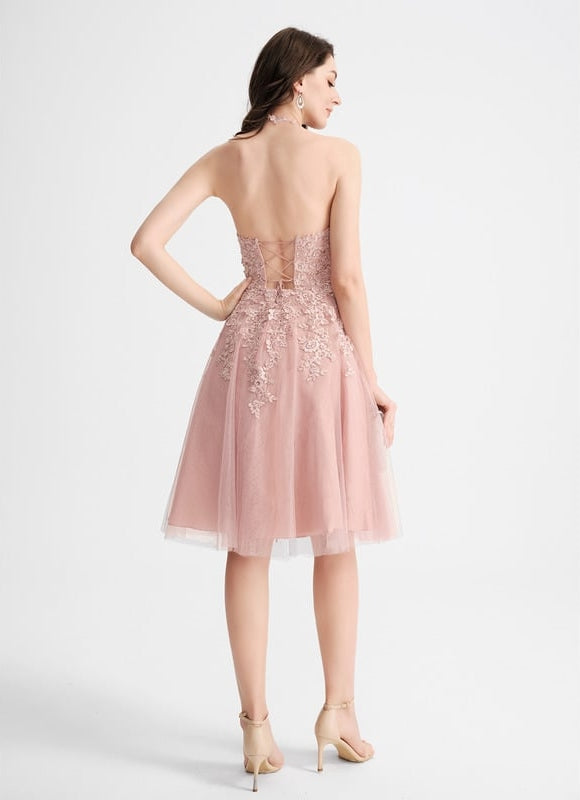 Trapèze col rond longueur genou tulle dentelle robe de bal de promo - gallery 2