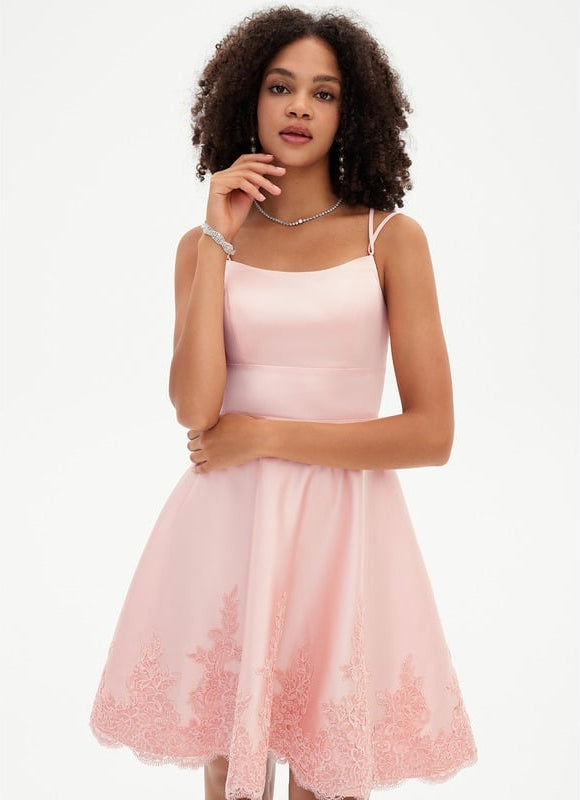 Trapèze col rond court satin robe de bal de promo - gallery 1