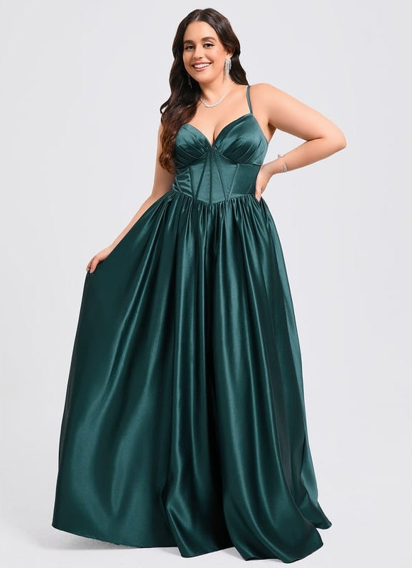 Princesse col v longueur ras du sol satin robe de bal avec plissée - gallery 5