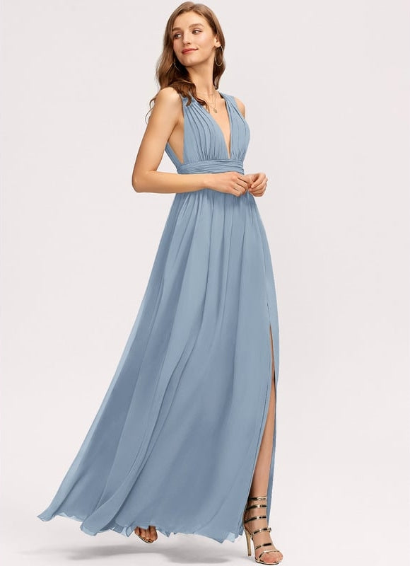 Trapèze col v longueur ras du sol mousseline robe de bal avec plissée - gallery 1