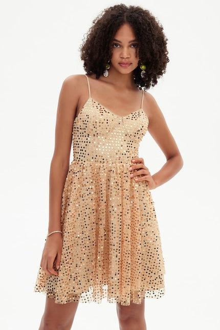 Trapèze col v court paillette robe de bal de promo avec paillettes - gallery 6