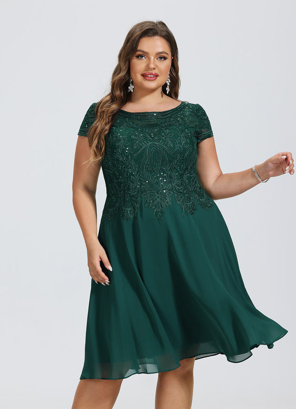 Trapèze col rond longueur genou dentelle mousseline robe de cocktail avec paillettes - gallery 5