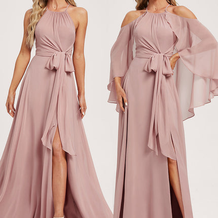 Trapèze décolleté épaules licou longueur ras du sol mousseline robe de demoiselle d'honneur