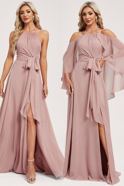 Trapèze décolleté épaules licou longueur ras du sol mousseline robe de demoiselle d'honneur