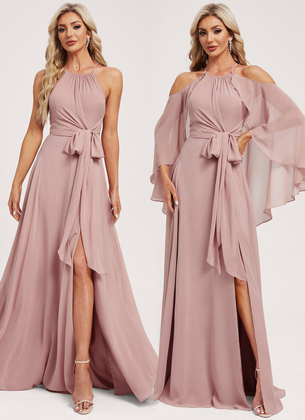 Trapèze décolleté épaules licou longueur ras du sol mousseline robe de demoiselle d'honneur