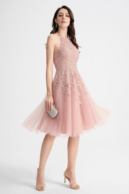 Trapèze col rond longueur genou tulle dentelle robe de bal de promo - gallery 1