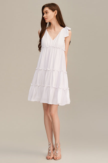 Robe nœud col v trapèze mélanges de coton mini - gallery 2