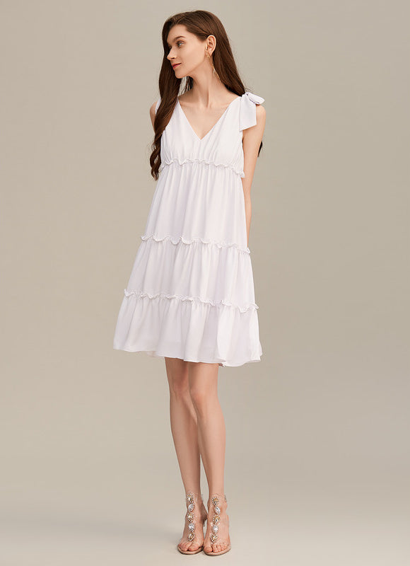 Robe nœud col v trapèze mélanges de coton mini - gallery 2