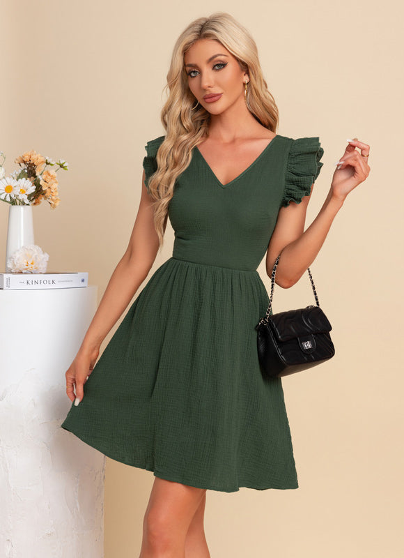 Robe nœud col v trapèze mélanges de coton mini