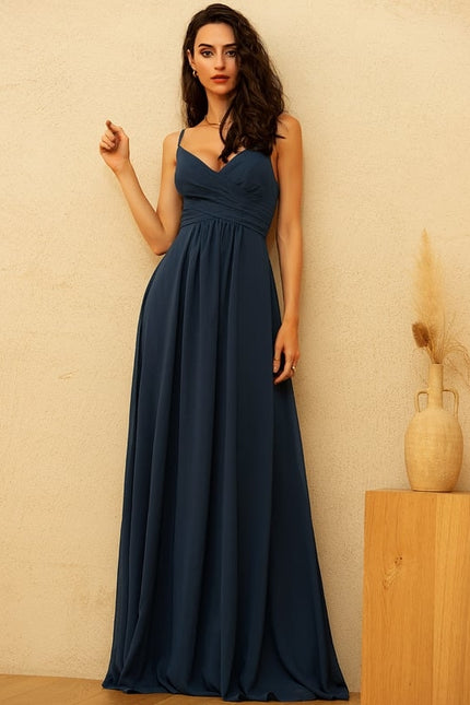 Trapèze col v longueur ras du sol mousseline robe de bal avec plissée