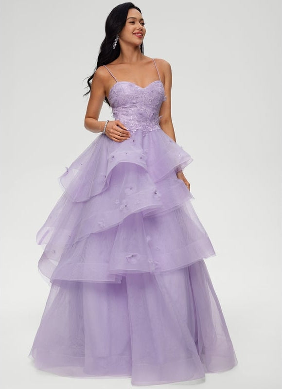 Princesse col cœur longueur ras du sol tulle robe de bal avec paillettes perles - gallery 1