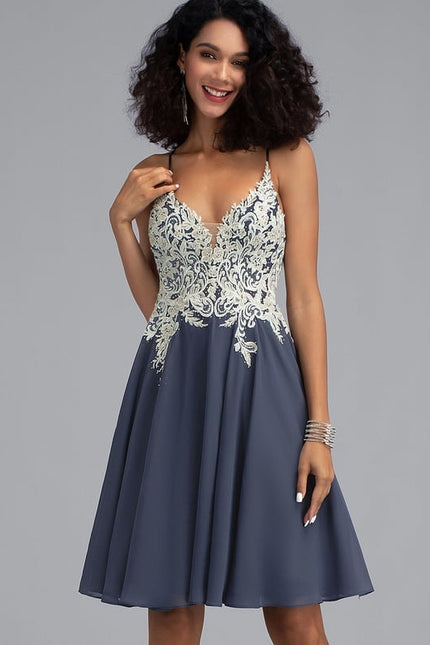 Trapèze col v court mousseline robe de bal de promo avec paillettes perles - gallery 1