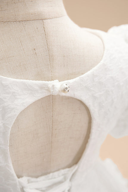 Trapèze col rond longueur genou satin robes fille mariage avec perles/motif floral 3d/nœud - gallery 7