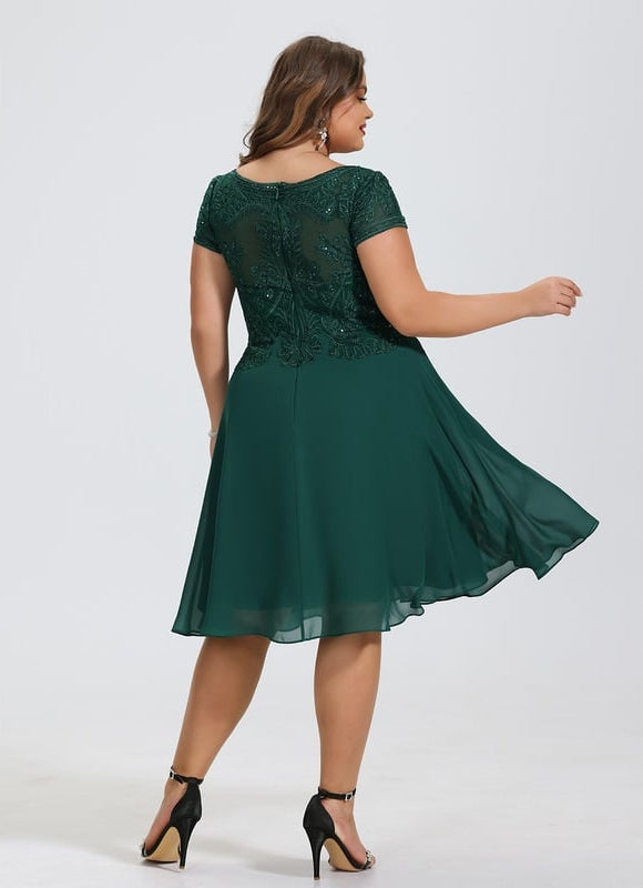 Trapèze col rond longueur genou dentelle mousseline robe de cocktail avec paillettes - gallery 6