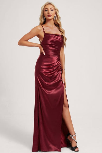 Sirène col carré longueur ras du sol satin extensible robe de demoiselle d'honneur avec à volants - gallery 2
