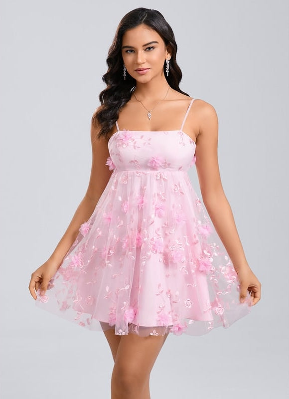 Trapèze col droit mini dentelle robe de bal de promo avec nœud fleurs