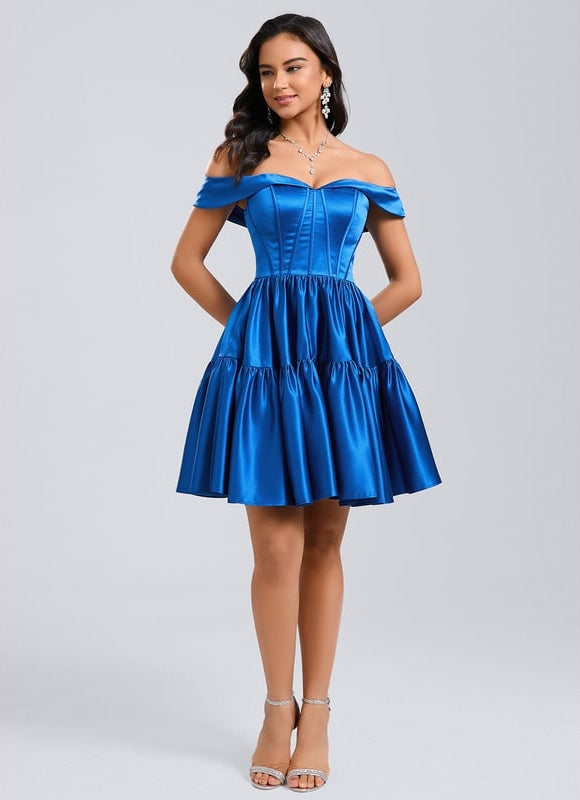 Princesse épaule dénudée court satin robe de bal de promo - gallery 6