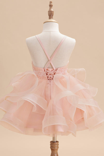 Princesse col rond longueur genou tulle robes fille mariage avec motif floral 3d - gallery 3
