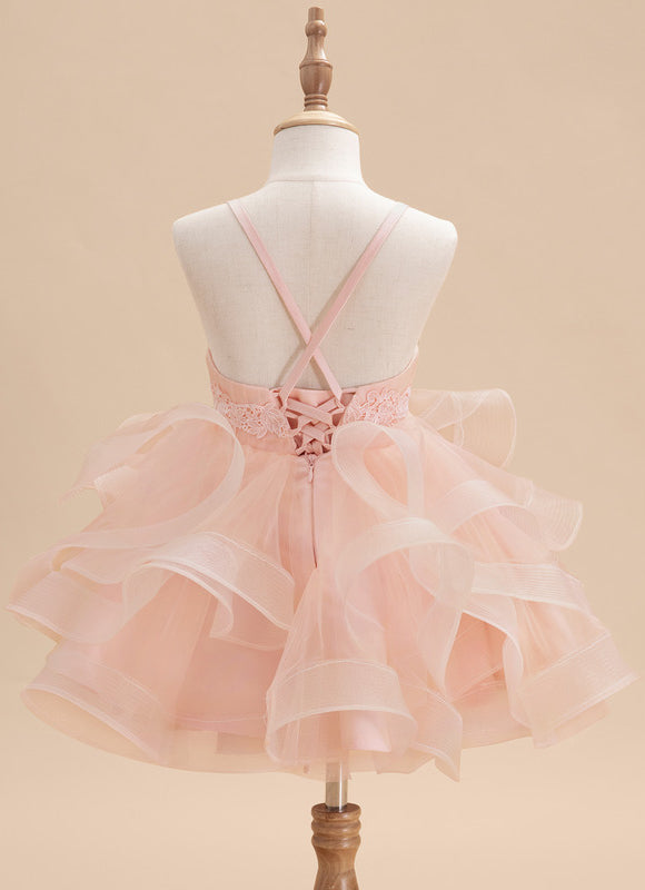 Princesse col rond longueur genou tulle robes fille mariage avec motif floral 3d - gallery 3