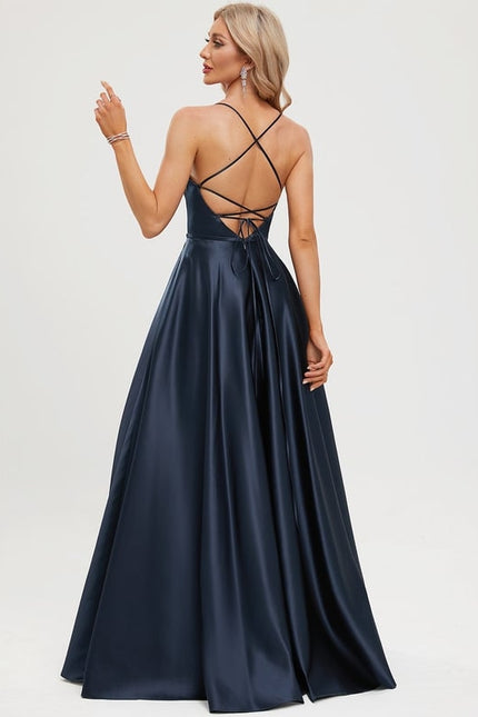 Trapèze col rond longueur ras du sol satin robe de bal - gallery 4