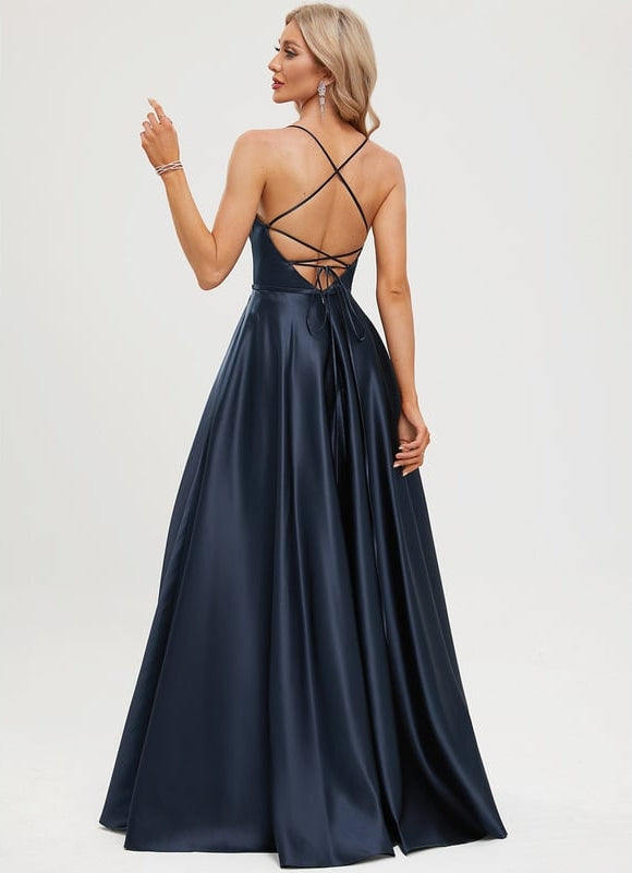 Trapèze col rond longueur ras du sol satin robe de bal - gallery 4