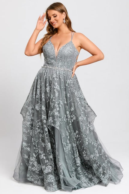 Princesse col v longueur ras du sol tulle dentelle robe de bal - gallery 7