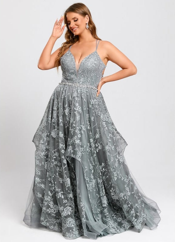 Princesse col v longueur ras du sol tulle dentelle robe de bal - gallery 7