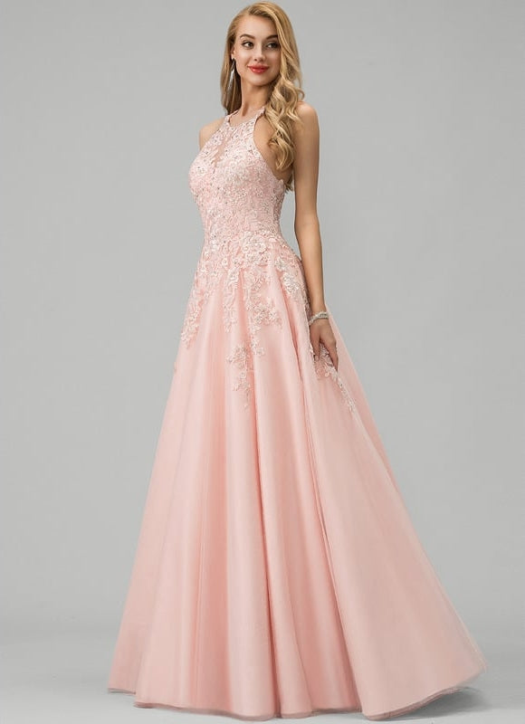 Princesse col rond longueur ras du sol tulle robe de bal avec perles paillettes - gallery 2