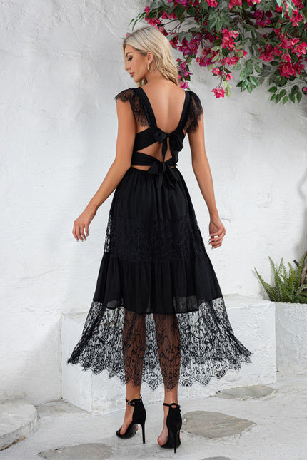 Robe à volants jacquard col v illusion trapèze dentelle polyester midi - gallery 4