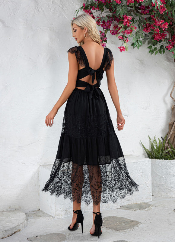 Robe à volants jacquard col v illusion trapèze dentelle polyester midi - gallery 4