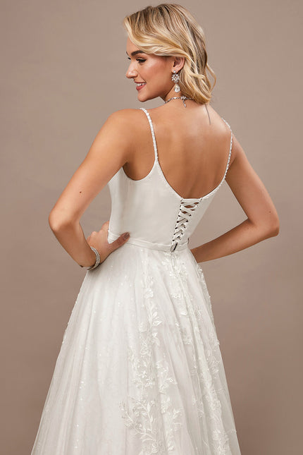 Trapèze col v traîne balayage dentelle tulle robe de mariée avec perles paillettes - gallery 5