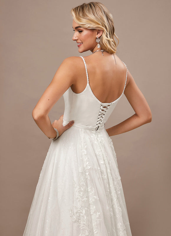 Trapèze col v traîne balayage dentelle tulle robe de mariée avec perles paillettes - gallery 5