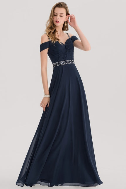 Trapèze col v décolleté épaules longueur ras du sol mousseline robe de soirée avec plissée paillettes perles - gallery 4